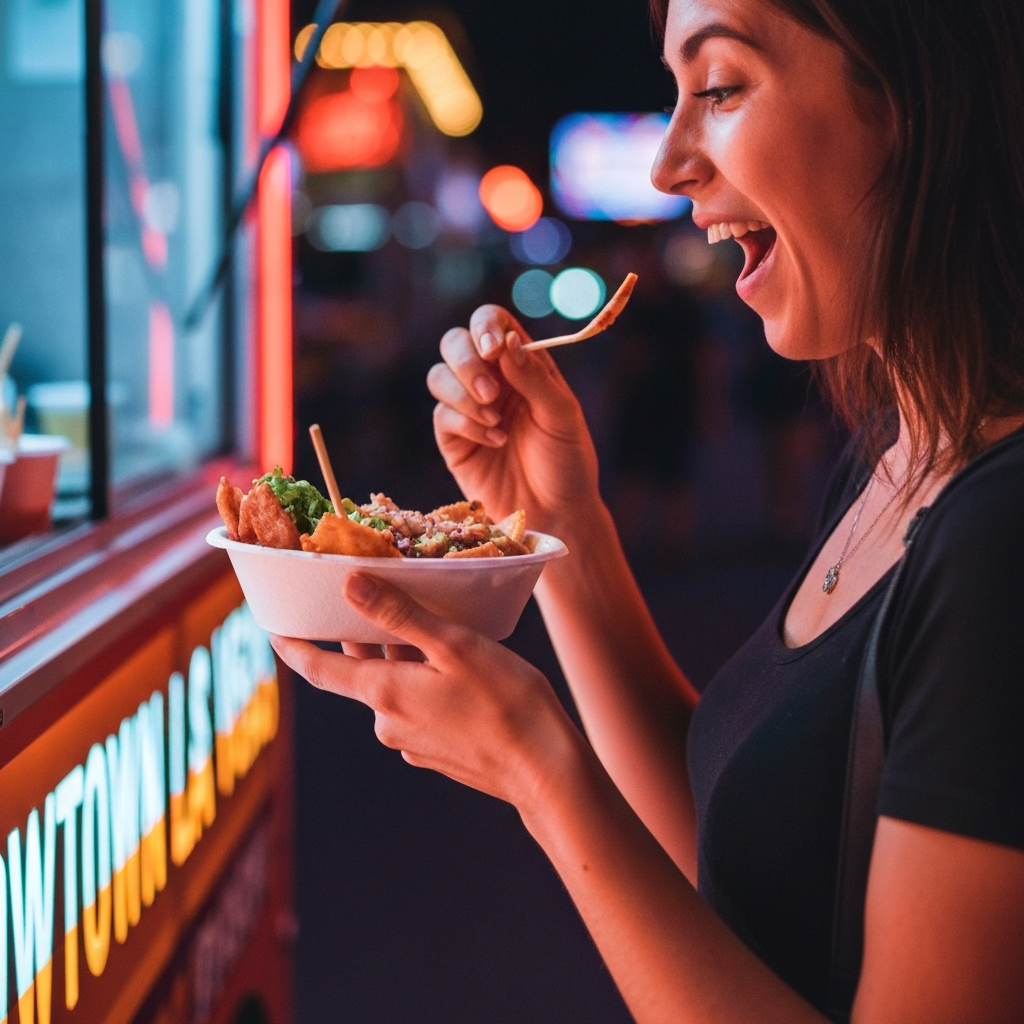 Close-up of traveler trying street food