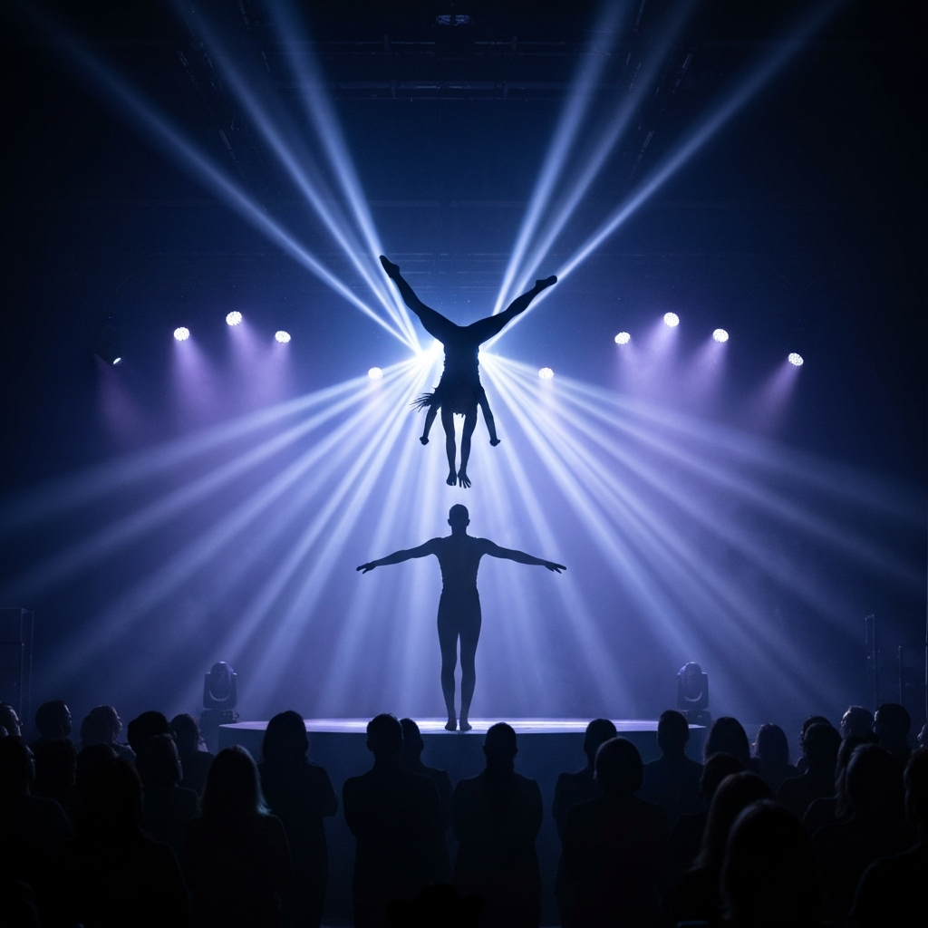 Dynamic scene from Cirque du Soleil with acrobats and lights.