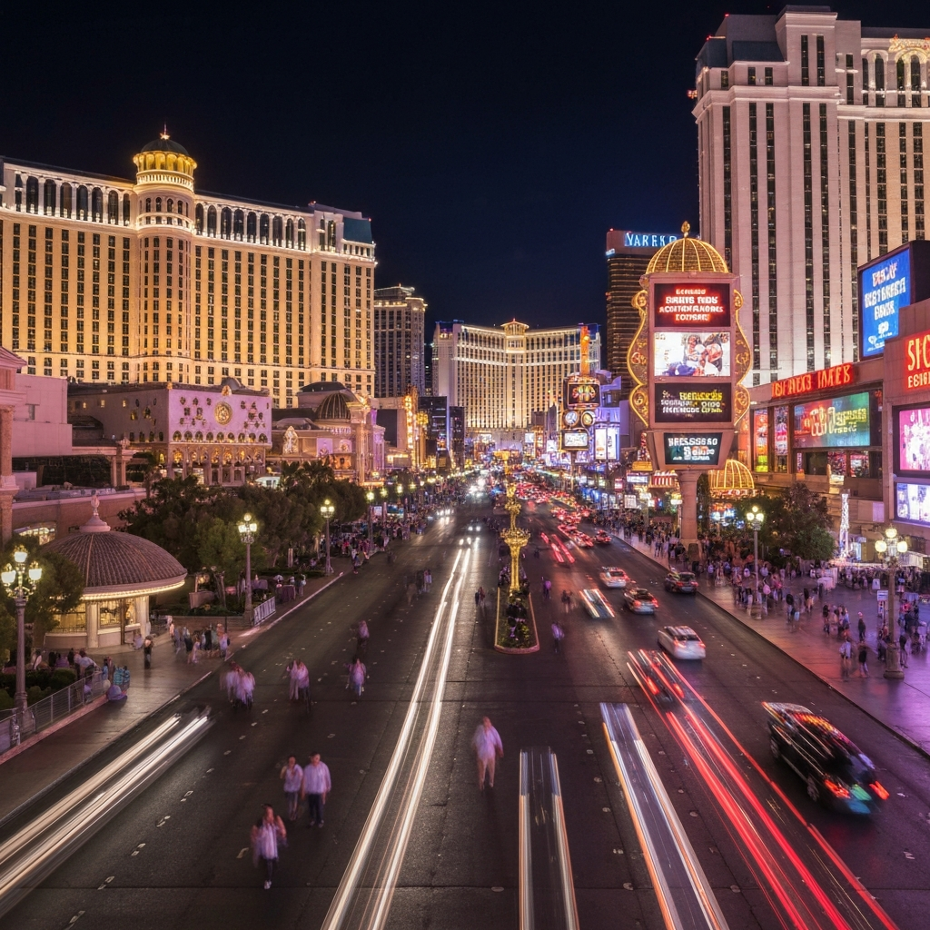 Aerial view of the Strip lit up at night.