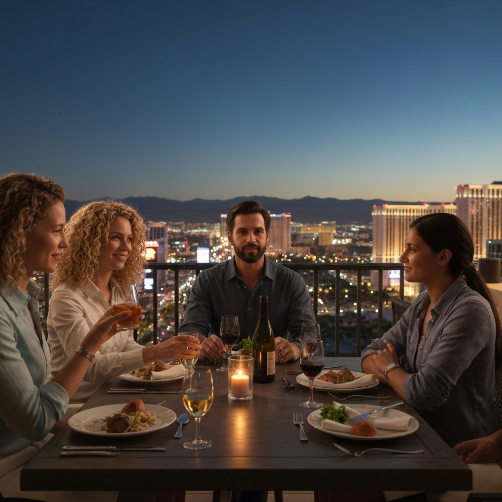 Group dining on a terrace with a view of the Strip