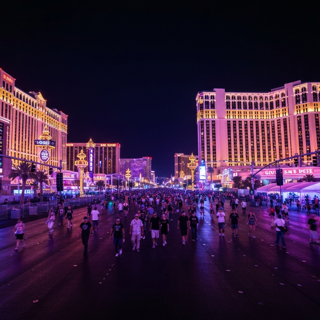 Panoramic view of Downtown Las Vegas at night