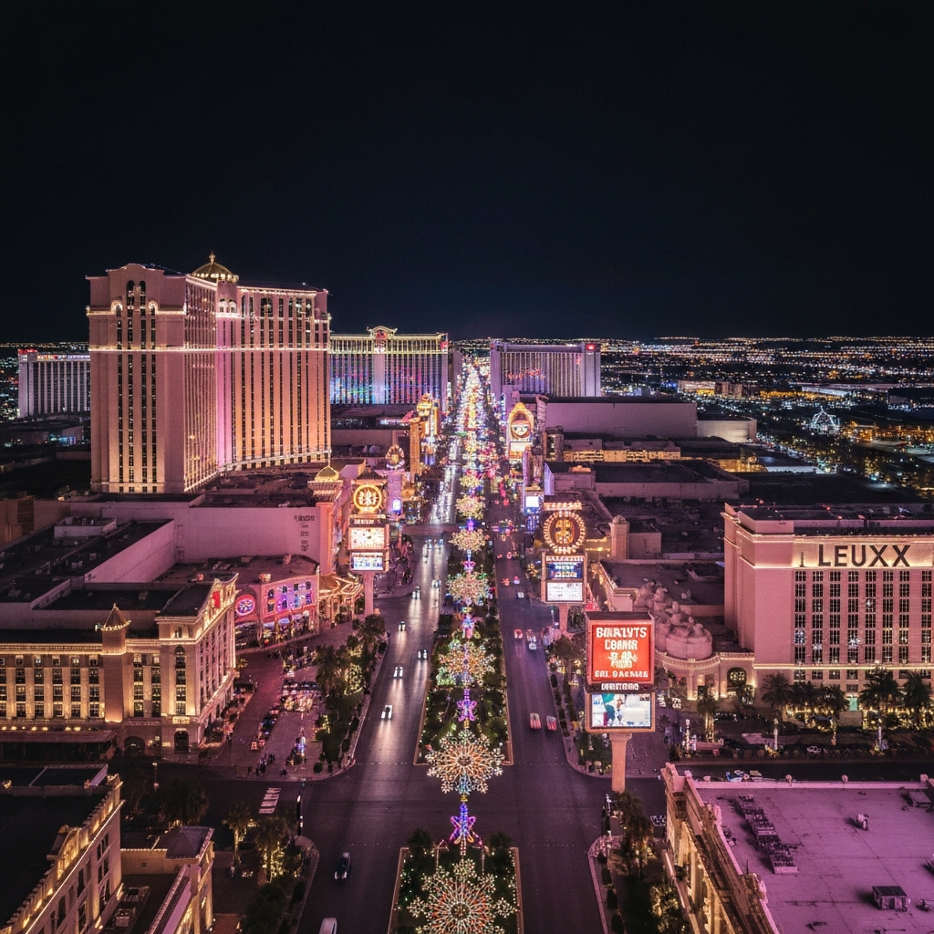 Panoramic view of the illuminated Las Vegas Strip
