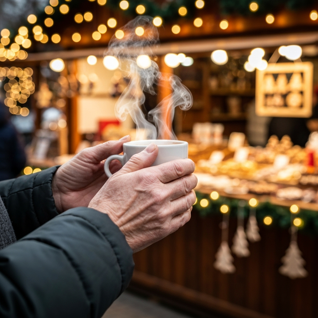 Hands holding coffee among Christmas lights