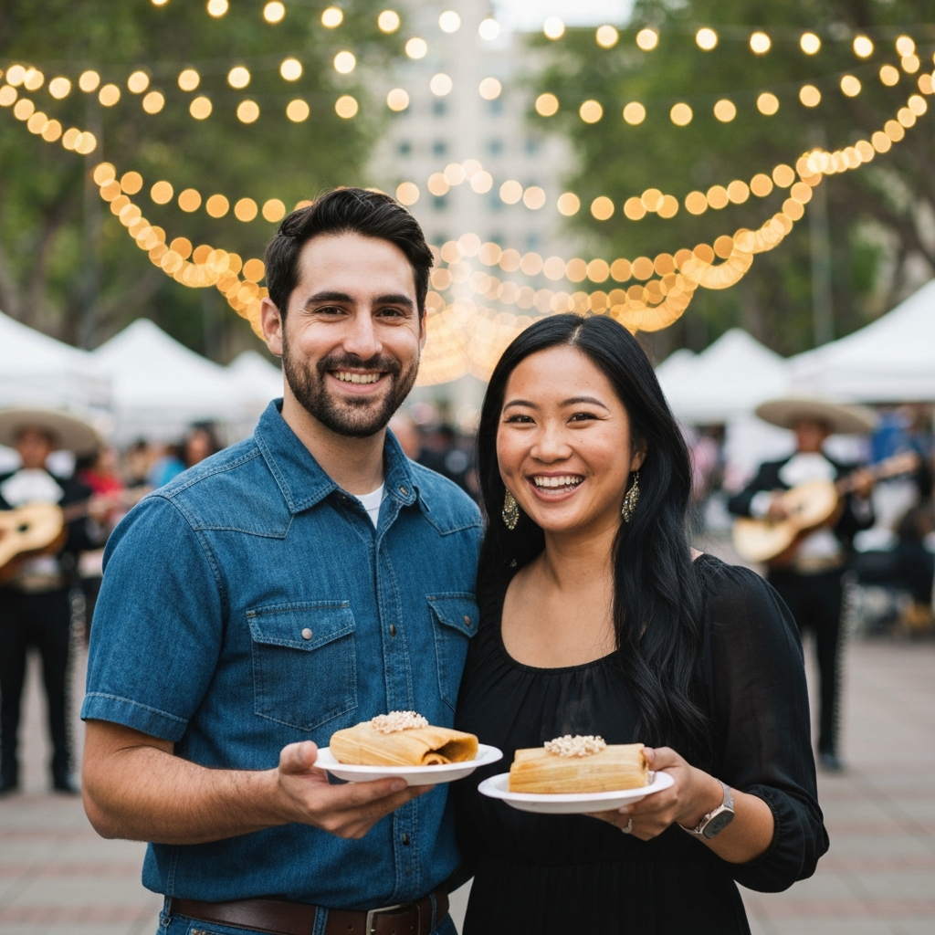 Close-up of a couple tasting tamales at a festival