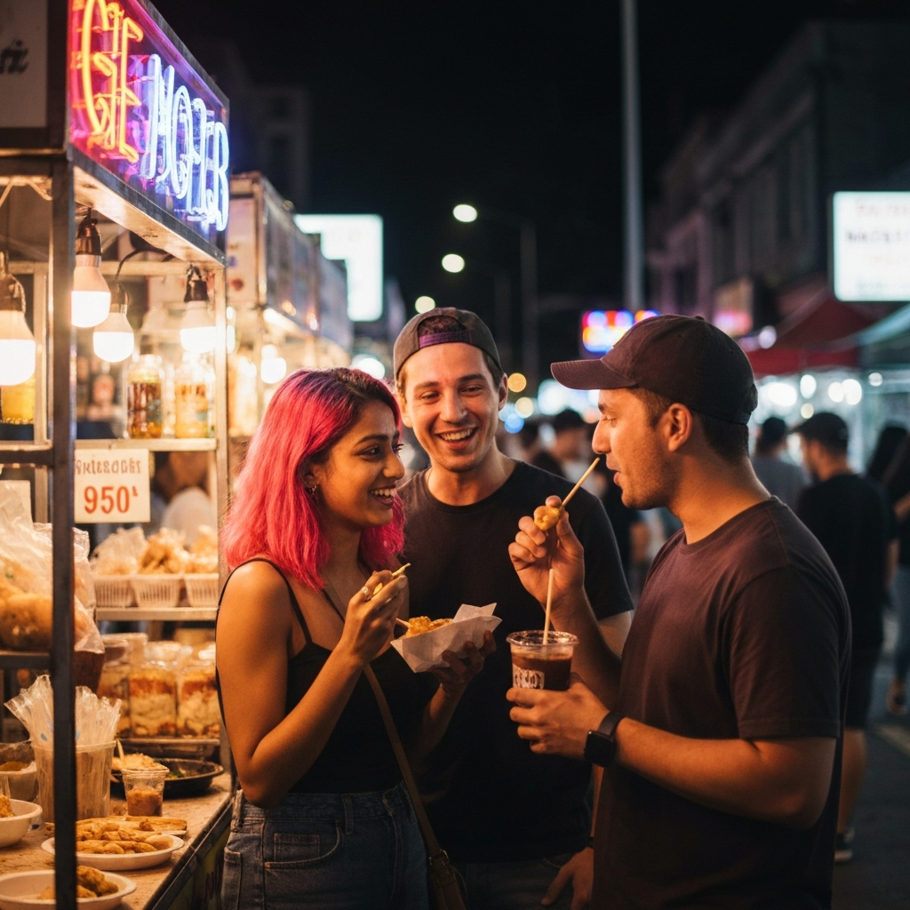 Group of friends tasting market food