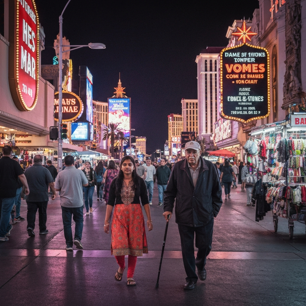 Night scene on the Strip, festive atmosphere and lights