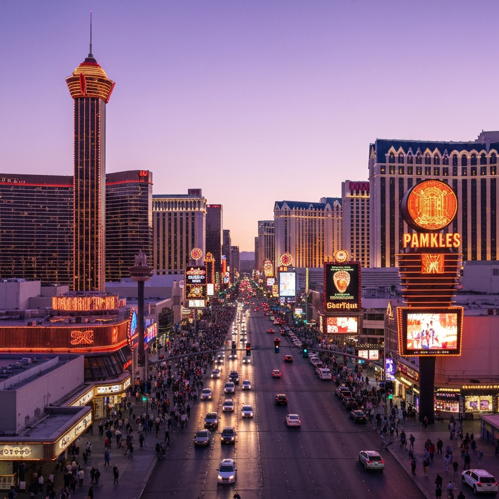 Aerial view of the Las Vegas Strip at sunset