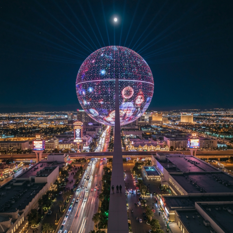 Atardecer en Las Vegas con Sphere iluminado
