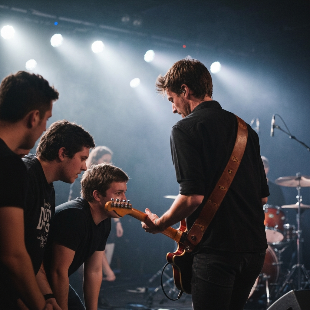 Hands playing guitar on stage