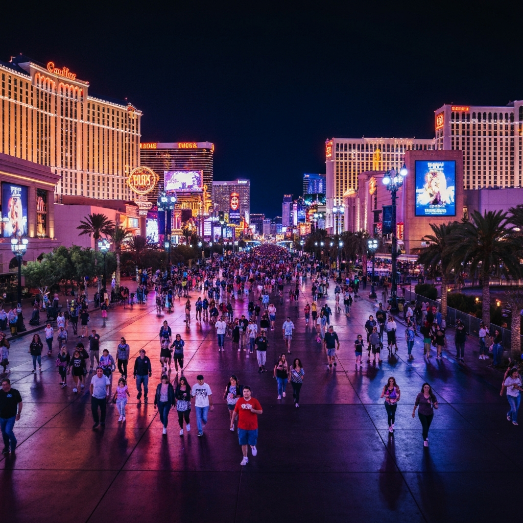 Wide view of Las Vegas at sunset