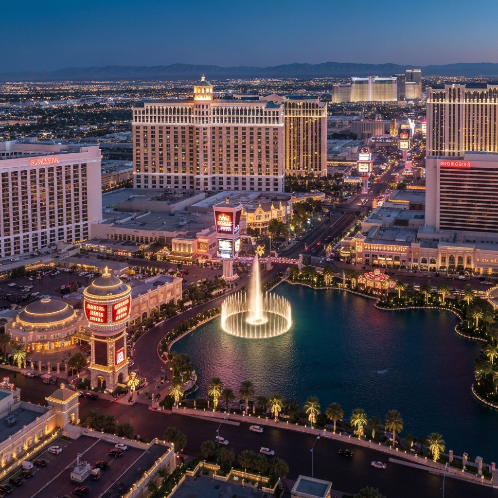 Panoramic view of the illuminated Las Vegas Strip